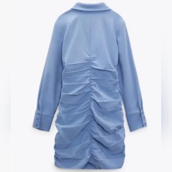 Zara Blue Bodycon Asymmetric Ruched Draped Long Sleeve Mini Shirt Dress - Picture 7 of 13